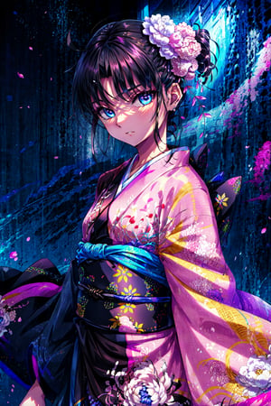 masterpiece, best quality, highres, aashiki, ahoge, hair flower, blue eyes, multicolored clothes, black kimono, pink kimono, floral print, , night, cowboy shot