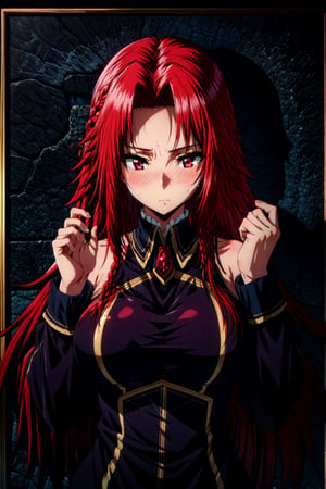 iris, 1girl, red hair, solo, red eyes, long hair, blush, braid, breasts, black border, sweatdrop, upper body, large breasts, long sleeves, laying on wall, hands up high quality, best quality, ultra detailed, masterpiece, bare shoulders, 