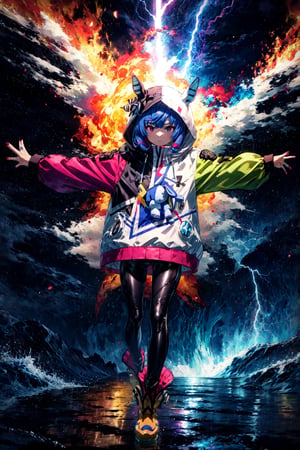 masterpiece, best quality, twin turbo \(umamusume\), full body, explosion, aura, lightning, electricity, outstretched arms, stuffed bunny, hoodie, hood down, hooded coat, puffy long sleeves, multicolored clothes, multicolored jacket, drawstring, nail polish, black bodysuit, ankle boots, yellow footwear,CLOUD