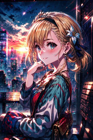 masterpiece,best quality,highres,cinematic lighting,dramatic angle,1girl,, profile,blonde hair,blue eyes,hairband,looking at viewer,tilting head,smile,blush,sunset,sitting on bench,handbag,depth of field,cityscape,(close-up:1.3),She reclined her head against viewer's shoulder,pov,she tilted her body towards viewer