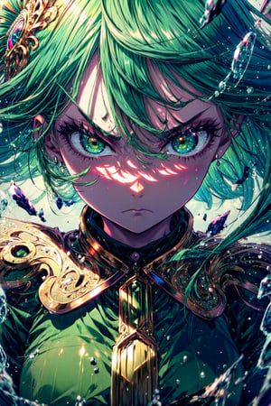 masterpiece, best quality, (detailed background), (beautiful detailed face, beautiful detailed eyes), absurdres, highres, ultra detailed, masterpiece, best quality, detailed eyes, :(, frown, green_eyes, green hair,floating, dark green tight dress, long_sleeves, high collar, 