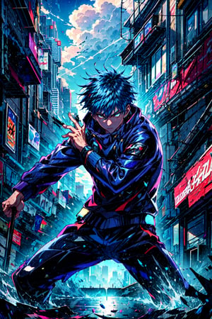 masterpiece, best quality, ultra-detailed, texture, detail eyes,8k, 1boy, Megumi a man in a blue coat and blue pants, default_outfit , doing a fighting stance, white wolf in the background, looking at viewer, detailed eyes, detailed face, (masterpiece:1.4),(best quality:1.4),(shiny skin),realistic, bright, neon lights, night, midnight, city, cyberpunk, light ,CLOUD