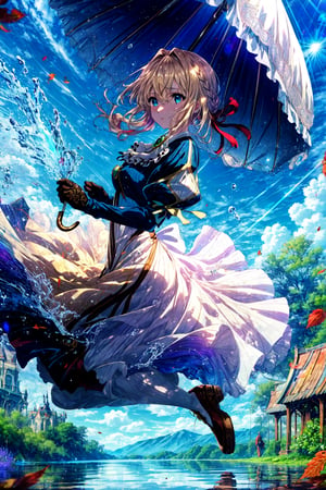 (best quality), (masterpiece),(ultra-detailed:1.2),ultra high res,(from below,side:1.1),full body, 1girl,(jumping:1.1),On the water,(holding parasol:1.1),(running:1.1),  ,violet evergarden, braid, hair ribbon, red ribbon, jewelry, white ascot, brooch, blue jacket, long sleeves, brown gloves, white dress, long dress, (lake:1.1),(reflection:1.2),water drop,ripples,lens flare ,cinematic ,Fallen leaves,wind, (motion blur:1.3),high speed movement,