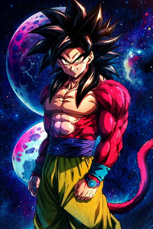 ((masterpiece,best quality)), , Super_Saiyan_4_Goku, 1boy, male focus, detailed eyes, super saiyan, tail, wristband, pants, red fur, black hair, solo, smiling, looking at viewer, cowboy shot, giant moon, starry sky,