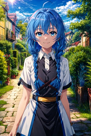 1girl, Roxy Migurdia, blue eyes, blue hair, twin braid, twintails, braided ponytail, ahoge, , looking at viewer, smile, closed mouth, outdoor, sun, dress,, (masterpiece:1.2), highres, best quality, 8k, very clear, fix,