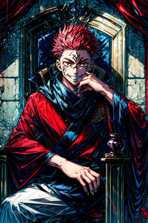 masterpiece, best quality, red theme, solo, male focus, 1boy,Red hair, ryomen sukuna, facial tattoo, evil smile, looking at viewer, sitting, crossed legs, head rest, throne, extra eyes, white kimono, wide sleeves, black scarf 