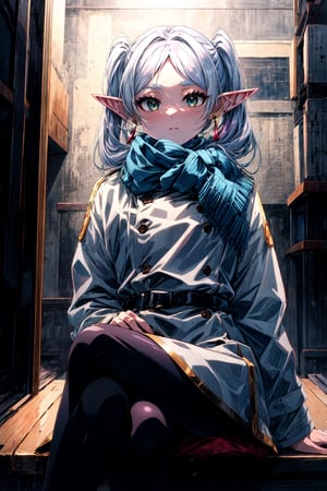 masterpiece, best quality, highres, aafrie, long hair, white hair, twintails, pointy ears, earrings, thick eyebrows, blue scarf, white coat, double-breasted, buttons, black pantyhose, , sitting, crossed legs,
