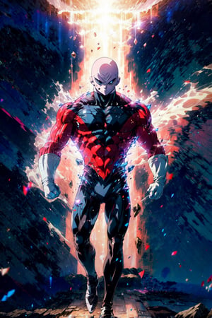 ((masterpiece, best quality)),(complex lighting),solo,1boy, full body, jiren,white gloves,bodysuit,muscular,bald , light particles, dust particles,