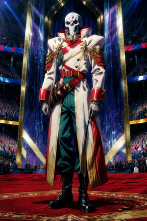 High quality, ,(Beautiful), ((masterpiece)),vibrant colors,ArenaOutfit,1boy, male focus, solo,belt, skull, pants, white shoulder coat,green undercoat, red eyes, standing, long sleeves, skeleton, full body, (gold) and brown boots, coat, polearm, patterned coat, cross pattern at hip,orange shirt cuffs,