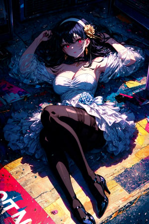 XUER Yor Forger,1girl,solo,yor briar,dress,red eyes,black hair,breasts,pantyhose,white dress,hairband,lying,long hair,on back,black footwear,jewelry,black pantyhose,looking at viewer,hair ornament,full body,choker,flower,earrings,hair flower,bare shoulders,arm up,bangs,black choker,cleavage,strapless,sidelocks,strapless dress,large breasts,high heels,thighband pantyhose,gloves,white hairband,rose,parted lips,A shot with tension,(Visual impact,giving the poster a dynamic and visually striking appearance:1.2),impactful picture,(masterpiece, best quality:1.2),offcial art,movie perspective,advertising style,magazine cover,very aesthetic,disheveled hair,very aesthetic,illustration,disheveled hair,perfect composition,moist skin,intricate details