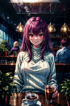 scathach, scathachSweater, masterpiece, best quality, absurdres, 1girl, cafe, indoors, window, crowd, coffee, sitting, steam, looking at viewer, upper body, smile, hanging light, ceiling light, potted plant