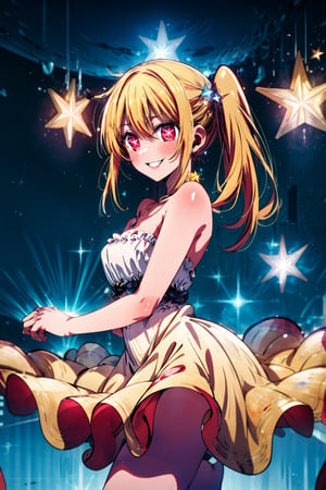 1girl, solo, , Hoshino Ruby, symbol-shaped pupils, (left star-shaped pupils:1.2), sparkling eyes, (star in left eye:1.2), symbol in eye, red eyes, long hair, blonde hair, bangs, blush, (side ponytail:1.1), (dress:1.2), on the stage, idol, dancing, spotlight, smile, (masterpiece:1.2), highres, best quality, 8k, very clear,MOLESTATION,ruby hoshino