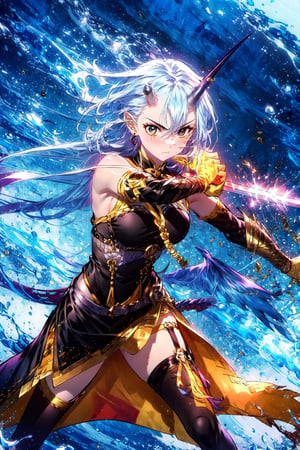 masterpiece,best quality,1girl,,black dress,black thighhighs,gold-trimmed,gloves,detached sleeves,mizuchi,single horn,tail,single wing,portrait,(shaded face:1.1),water,serious,holding sword,fighting stance,magic,gold gauntlets,action pose, ,close-up,thigh strap,