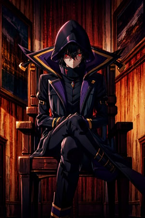 (masterpiece), high quality, highly detailed background, 1boy, solo, , ChopioKagenou, short hair, black hair, hair between eyes, hooded cloak, black coat, trench coat, black gloves, black pants, red eyes, glowing eyes, looking at viewer, indoors, throne, throne room, sitting, legs crossed, head rest, golden throne,