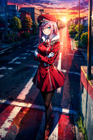masterpiece, best quality, zerotwo, peaked cap, red dress, white gloves, jacket on shoulders, pantyhose, crossed arms, furrowed brow, smile, city, street, sky, sunset, walking, from side, from above 