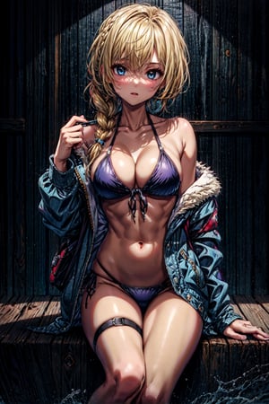 masterpiece, good quality, 1girl, solo,  JeanneArcher1st, single braid, medium hair braid, blonde hair, black bikini, blue jacket, open clothes, hood, front-tie top, front-tie bikini top, hair scrunchie, single thigh strap,