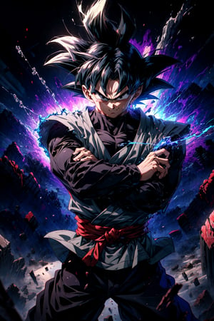 ((masterpiece, best quality)),(complex light),absurdres, highres, 1boy,solo,fighting stance, goku black,black hair,black eyes,blue fire destroyed debris background,smirk,