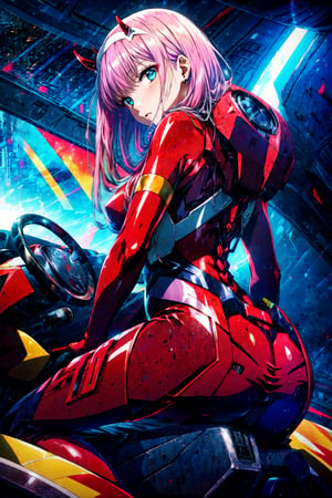 masterpiece, best quality, highres, bbzero2, long hair, horns, hairband, red bodysuit, , (cockpit:1.1), (sitting:1.1), from behind, ass, bent over,