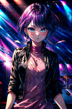 masterpiece, best quality, 1girl, upperbody, , jirou, detailed eyes, pink shirt, black jacket, torn clothes, concert, (stage)