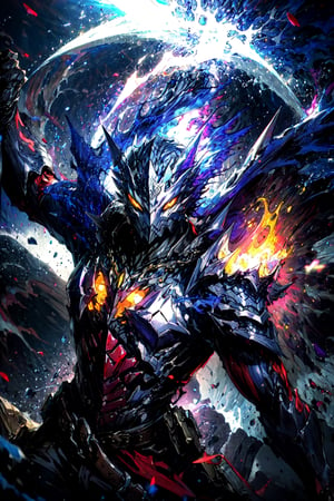 asterpiece,best quality,highres,cinematic lighting,dramatic angle,1boy,dark blue armor,maskedform,helmet,blue fire,holding flaming sword,looking at viewer,,spikes,fangs,glowing yellow eyes,showing strength,ghost,souls,action pose,dynamic pose,dynamic angle,spikes,dark flame,extremeley detailed,grab pose,,weapon over shoulder,