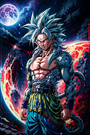 ((masterpiece,best quality)), absurdres, , Super_Saiyan_5_Goku, 1boy, male focus, (white fur:1), red eyes, tail, white hair, solo, looking at viewer, cowboy shot, scifi background, giant moon, starry sky,