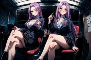 MedCas, 1girl, long hair, looking at viewer, smile, skirt, large breasts, shirt, long sleeves, holding, cleavage, sitting, purple eyes, jacket, full body, purple hair, ass, thighs, glasses, shiny, miniskirt, black footwear, high heels, legs, multiple views, formal, crossed legs, suit, pencil skirt, page number, office lady, business suit, teacher, skirt suit, pointer, multiple views,