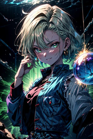 (best quality), (masterpiece),(ultra-detailed:1.2),ultra high res, 1girl, smirk, hand on ear,  ,Android18DB, striped_sleeves,long_sleeves, denim_jacket,vest,earrings,  ,forcefield,inside a huge glass sphere, (electrified:1.1),green aura, , destruction  ,  , dark theme,