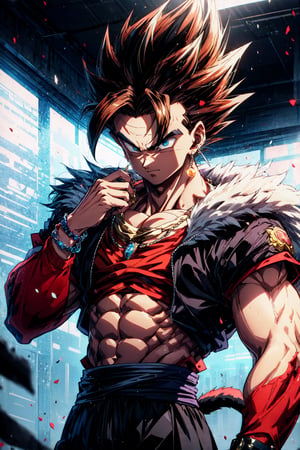 vegetto, 1boy, spiked hair, jewelry, earrings, smirk, bracelet, BREAK,  (ssj4, abs, body fur:1.15), jewelry, long hair, monkey tail, muscular, red fur, spiked hair, super saiyan, tail, , BREAK,  enterthematrix, masterpiece, best quality, extremely detailed, highly quality, 4k, sharp focus, professional, sharp focus, award winning, cinematic lighting, octane render, unreal engine, volumetrics dtx, Wallpaper,