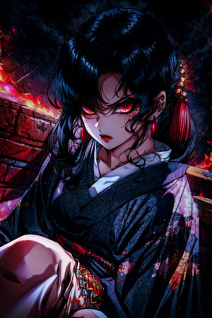 (masterpiece:1.2, best quality), MuzanFemale, 1girl, red eyes, kimono, black hair, solo, looking at viewer, red lips, makeup, upper body, lipstick, hair ornament, earrings, jewelry, solo, looking at viewer, upper body, lipstick, long hair, angry, closed mounth, sitting, crossed legs, cinematic lighting, demonic ritual, demonic, fire, red particles, detailed background, complex structures, hyperdetailed sharp face, dynamic pose