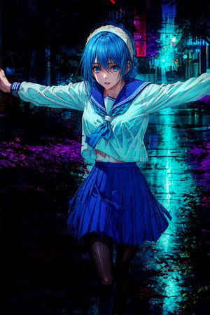 photorealistic, (4k), depth of field, (Masterpiece), (realistic skin texture), extremely detailed, intricate, hyper detailed, professional photography, bokeh, high resolution, sharp detail, best quality, girl, blue hair, single braid, blue eyes, school uniform, serafuku, white hairband, blue pleaded skirt, pantyhose, ,  , dynamic pose, (spread arms),  , raining, modern city, (night:1.3), reflective floor, (neon lights),