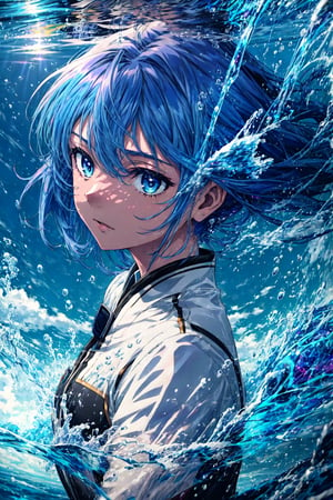 masterpiece, best quality, ultra-detailed, illustration, 1girl, blue hair, hydrokinesis,water,cryokinesis, chaos