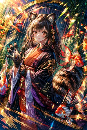 masterpiece,best quality,highres,cinematic lighting,dramatic angle,1girl,,animal hands,animal ears,black hair,brown eyes,japanese clothes,looking at viewer,smile,waving hand,capelet,goldfish,tail,bamboo
