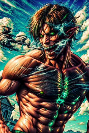  cloud, smoke,  Attack_titan, teeth, black hair, green eyes, glowing eyes, pointy ears, glowing, muscular, sharp teeth, brown hair, abs, giant, smoke,CLOUD