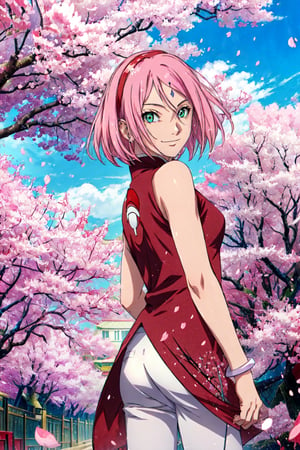 masterpiece, absurdres ,1girl, haruno sakura,forehead mark, red hairband, red sleeveless dress,bracelet,  from behind, white pants, (uchiha crest),  looking at viewer, outdoor, cherry blossoms, floating hair,   smile, cowboy shot, 