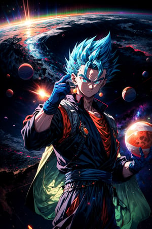 1boy, floating, solo, outer space, ((planet)), aurora on planet, sunlight, , energy ball, electricity,  vegetto, blue spiked hair, jewelry, earrings, blue hair, blue and orange dougi, (realistic), white glove, 