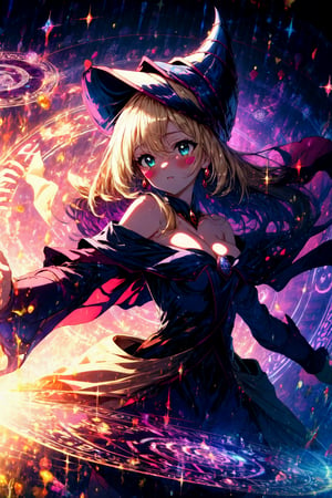 masterpiece, best quality, highres, hmdmg1, wizard hat, blush, blush stickers, cleavage, bare shoulders, dress, off shoulder, , command spell, magic, magic circle,Magic Circle