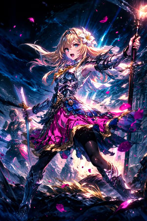 masterpiece,best quality,highres,cinematic lighting,dramatic angle,1girl,,hair ornament,hair ornaments,hairband,hair flower,costume2,blonde hair,blue eyes,portrait,village girl,holding sword,long pink skirt,frills,white topwear,boots,black pantyhose,yellow bowtie,hairband, , ,strong wind,glowing,aura,petals,grass,serious,armor,action pose,dynatic angle,open mouth,looking at viewer