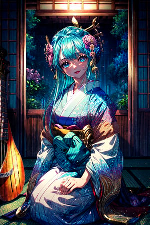 masterpiece, ultra detailed background, delicate pattern, intricate detail, highly detailed, fine details, best quality, studio lighting, front lighting, 4K, 8K, beautiful detailed eyes, glowing eyes, shine eyes, smile, opened lips, aqua hair, aqua eyes, blue eyes, long hair, hair ornament, flower ornament, hair flower, bangs, hair stick, hair rings, Japanese kimono, Kabukicho, (Shamisen musical instrument:1.3), kneeling position, Tatami, face to camera, looking at viewer, , Kozuki Hiyori,