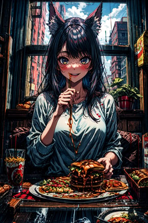 1girl, animal_ears, bangs, black_hair, blush, bowl, bread, burger, butter, cake, cheese, chicken_\(food\), chopsticks, eating, eyebrows_visible_through_hair, food, fork, french_fries, heart, holding_chopsticks, hot_dog, ketchup, letterboxed, lettuce, long_hair, meat, omurice, open_mouth, pancake, pasta, pie, pizza, plate, rice, salad, sandwich, smile, solo, spaghetti, steak, table, tomato, tray