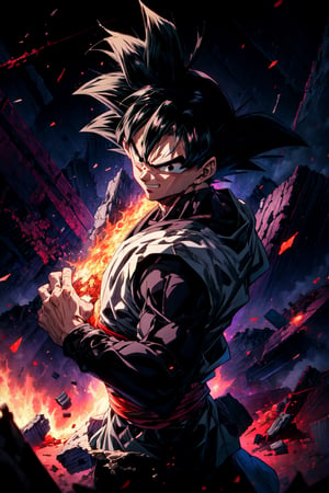 ((masterpiece, best quality)),(complex light),absurdres, highres, 1boy,solo,fighting stance, goku black,black hair,black eyes, ,destroyed debris background,smirk, fire,