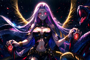 MedGorg, 1girl, bare shoulders, breasts, bustier, cleavage, clothing cutout, jewelry, large breasts, long hair, looking at viewer, medusa \(fate\), navel, purple eyes, purple hair, scales, smile, solo, very long hair, (glowing eyes:1.3), snake hair, snake tail, claws