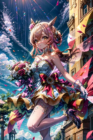 masterpiece, best quality, mayano topgun \(umamusume\), hair ornament, hair flower, official alternate costume, pantyhose, strapless dress, white gloves, fishnets, wedding dress, rose, bare shoulders, pink dress, choker, holding bouquet, shoes, jewelry, parachute, cloud, sky,