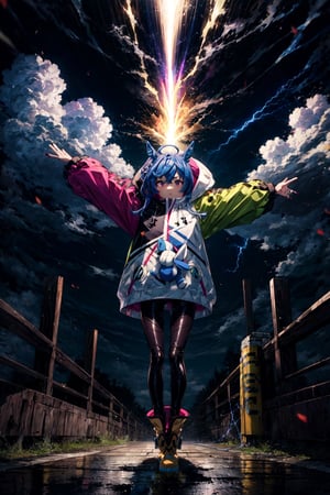 masterpiece, best quality, twin turbo \(umamusume\), full body, explosion, aura, lightning, electricity, outstretched arms, stuffed bunny, hoodie, hood down, hooded coat, puffy long sleeves, multicolored clothes, multicolored jacket, drawstring, nail polish, black bodysuit, ankle boots, yellow footwear,CLOUD