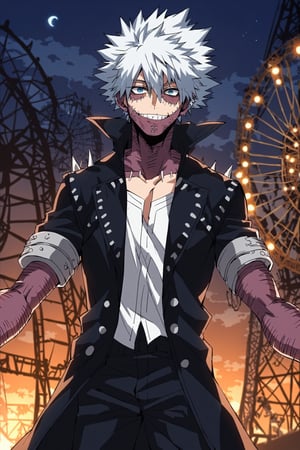 score_9, score_8_up, score_7_up, source_anime, rating_safe, , , looking at viewer, depth of field, 1boy, solo, male focus, , dabi_bnha, white hair, blue eyes, short hair, spiked hair, hair between eyes, bangs, scar, burn scar, scar on face, piercing, stitches, , teeth, smile, blue fire, wide angle, wide shot, cowboy shot, amusement park, carousel, ferris wheel, night, crescent moon, (pose), happy,