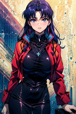 katsuragi_misato, huge_breasts, standing, solo, Misato_cross_necklace, black_pencil_dress_high_collar_red_jacket, masterpiece, best quality, detailed face, detailed eyes, highres,