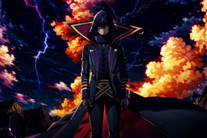 (masterpiece), high quality, highly detailed background, 1boy, solo, , ChopioKagenou, short hair, black hair, hair between eyes, hooded cloak, black coat, trench coat, black gloves, black pants, red eyes, glowing eyes, looking at viewer, mountain, standing on mountain, lightning, from below, night, night sky, storm,CLOUD