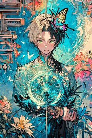 1 boy ,A pixel 90s character with humming birds, extremely detailed, fractal art, colorful,flowers, highest detailed, (dynamic pose), (abstract background), (many colors),feathers,butterfly,gears and clocks for its brain and the background is futuristic,(upper body,) ,rudeus_greyrat
