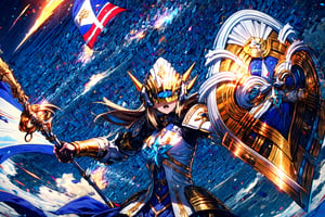 masterpiece,best quality,highres,1girl,,,alternative1,white helmet,white armor,middle blue skirt,holding flag staff,waving flag,shield,dynatic angle,motion blur,open mouth,covered eye,unevolved,liberty leading the people