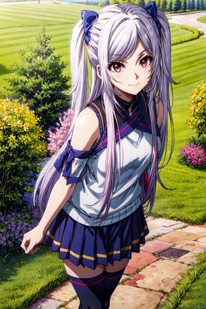 (masterpiece), high quality, highly detailed background, 1girl, solo, , ChopioAlexia, long hair, white hair, sidelocks, swept bangs, red eyes, looking at viewer, twintails, two side up, hair bow, outfit_3, turtleneck sweater, pink sweater, bare shoulders, sleeves, shoulder cutout, black undershirt, white skirt, frilled skirt, black thighhighs, outdoors, garden, stone path, grass, fence, sun, sunny, sun sparkles, sun beams, standing, seductive smile, cute pose,