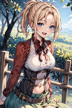 best quality, (masterpiece:1.2), detailed,,1girl, solo, mature, open mouth, smile,ponytail, long hair, blonde hair, blue eyes,red shirt, long sleeves, (white corset:1.2), grey skirt, belt,looking at the viewer,outdoors, tree, grass, wooden fence, leaf